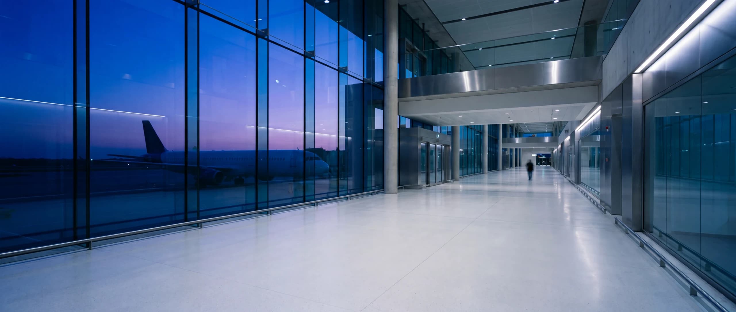 Passengers in a modern airport terminal at night